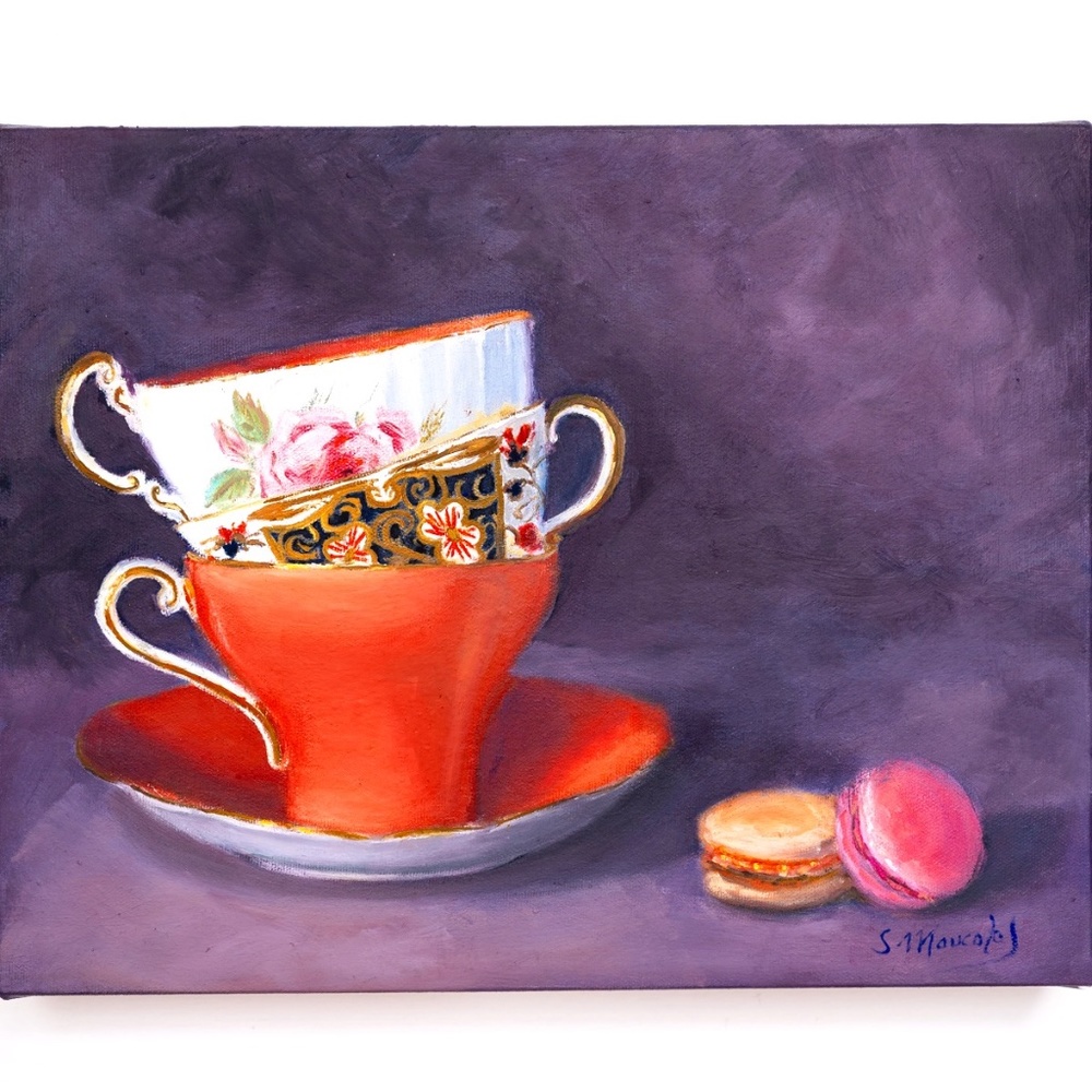 "Three vintage cups and macaroons" oil painting on canvas  11" x 14"